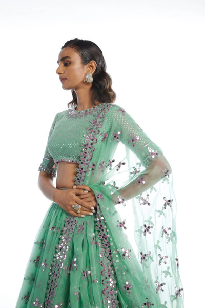 V Vani Vats Dull Mint Kinfe Pleated Lehenga Set Indian designer wear online shopping melange singapore