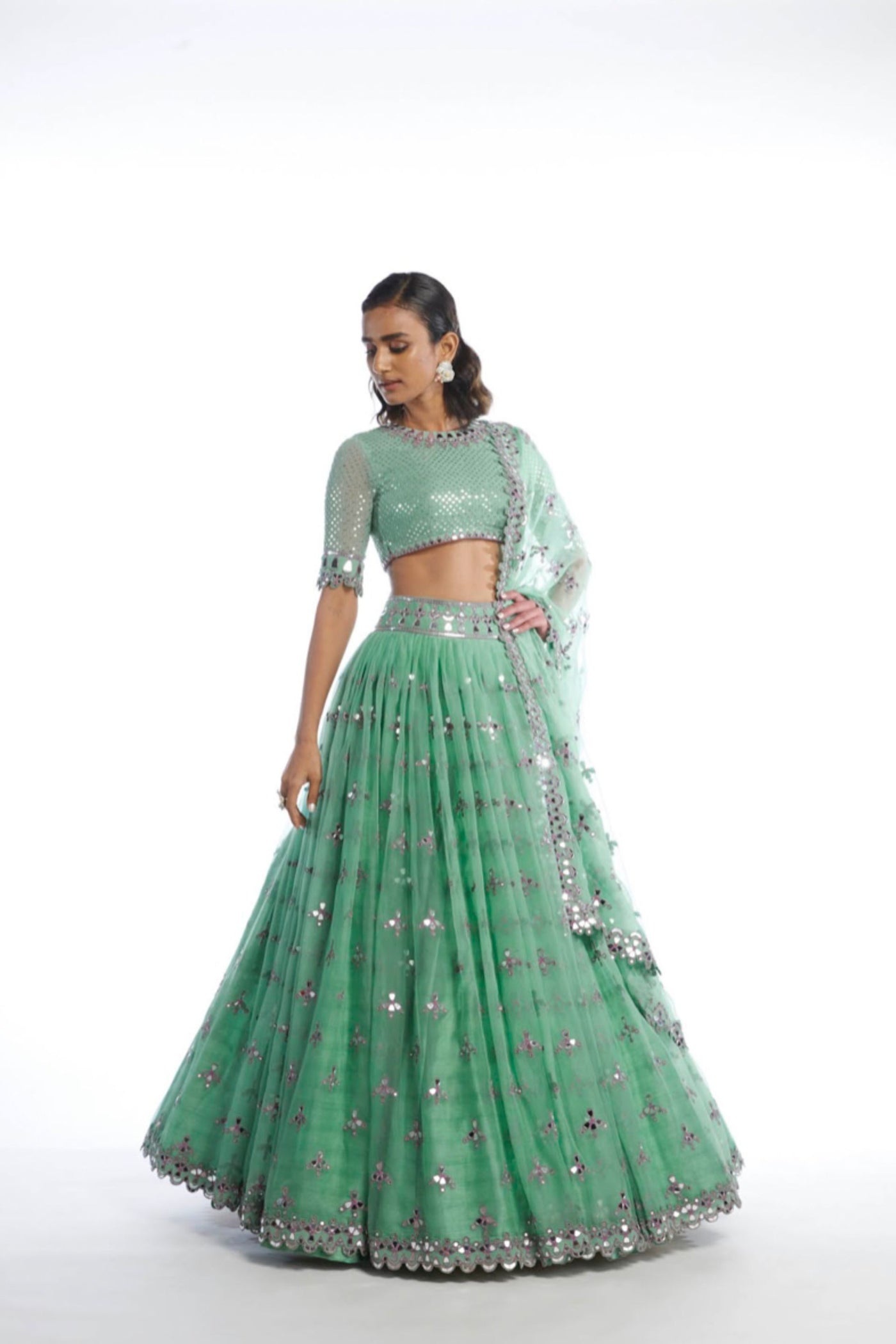 V Vani Vats Dull Mint Tier Lehenga Set Indian designer wear online shopping melange singapore