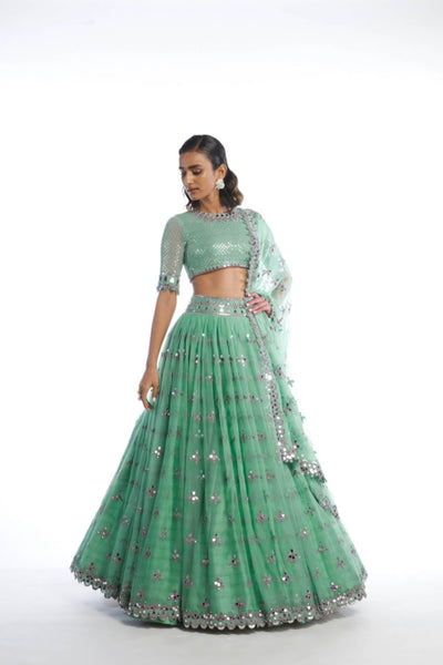 V Vani Vats Dull Mint Kinfe Pleated Lehenga Set Indian designer wear online shopping melange singapore