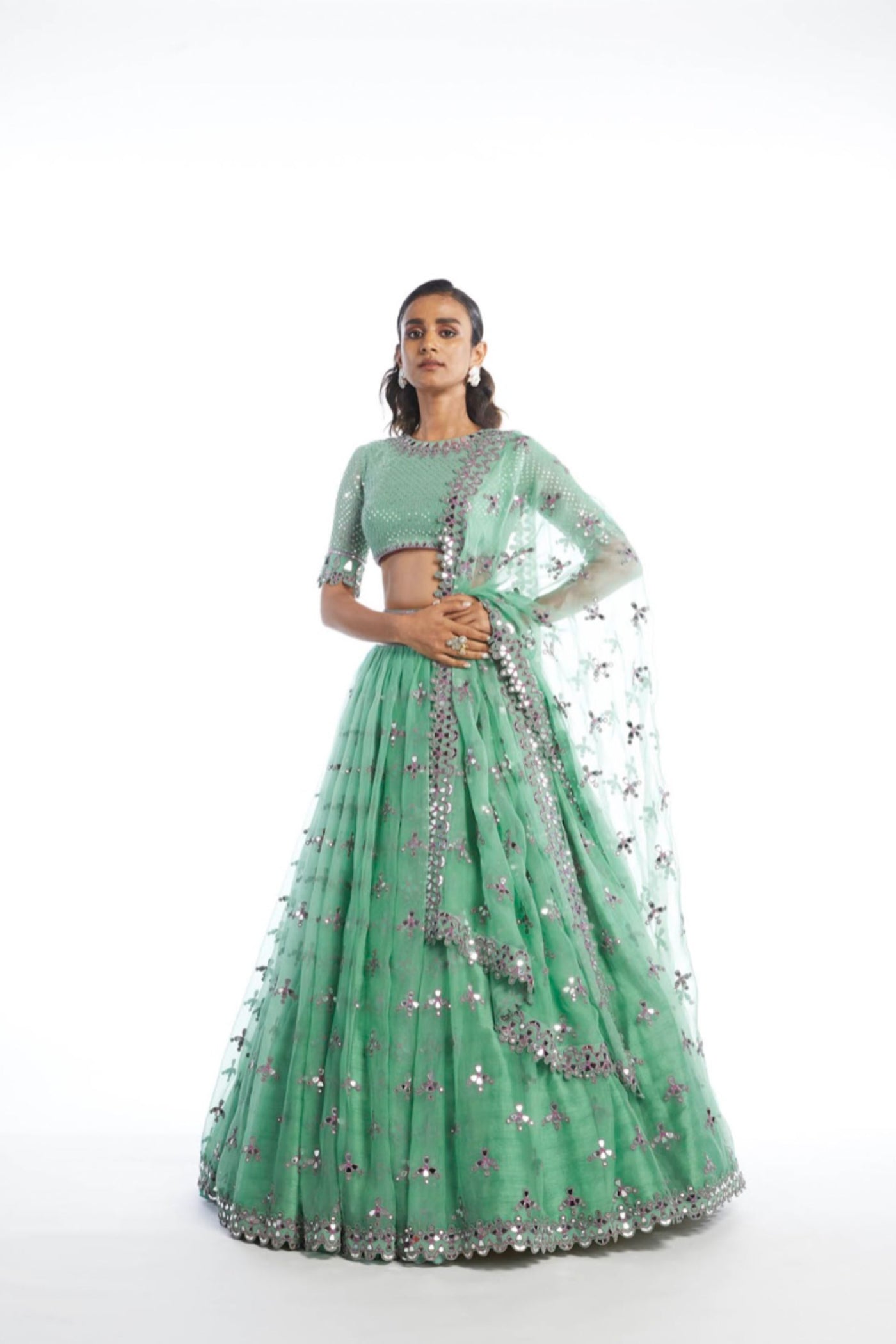 V Vani Vats Dull Mint Tier Lehenga Set Indian designer wear online shopping melange singapore