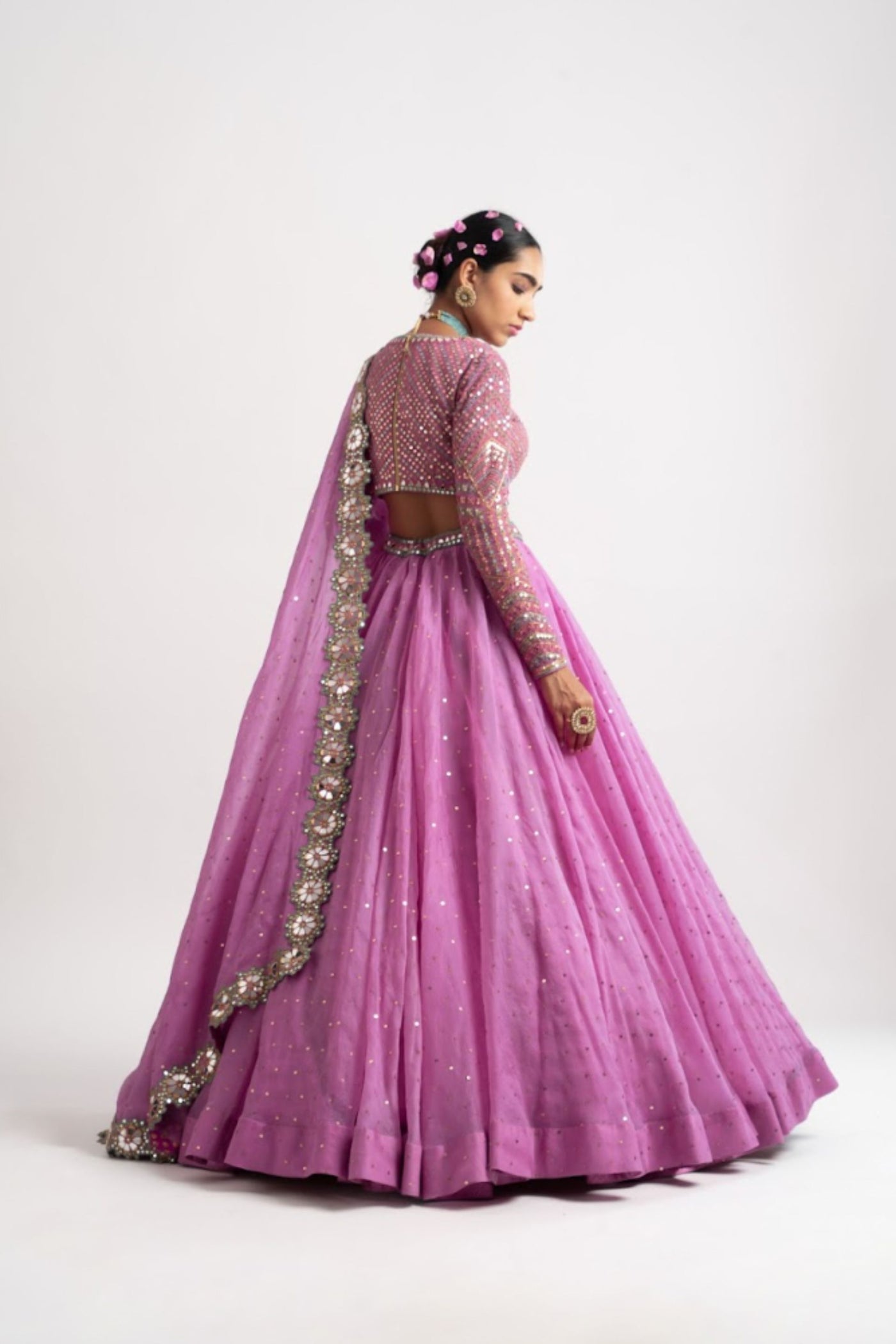 V Vani Vats Dark Blush Silk Organza Lehenga Set indian designer wear online shopping melange singapore