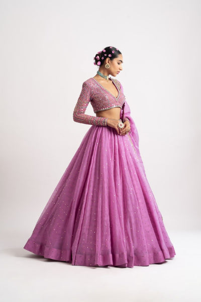 V Vani Vats Dark Blush Silk Organza Lehenga Set indian designer wear online shopping melange singapore