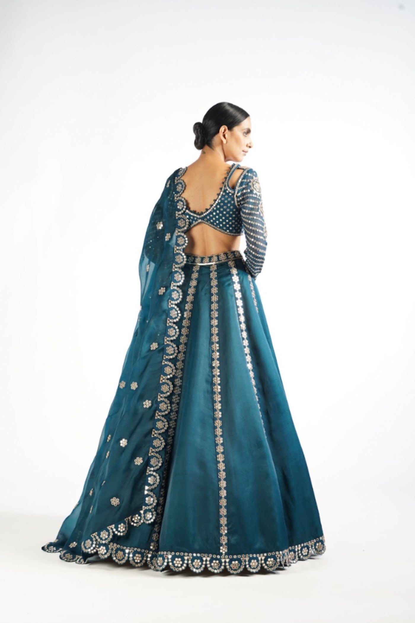 V Vani Vats Dark Teal Flower Linear Lehenga Set indian designer wear online shopping melange singapore