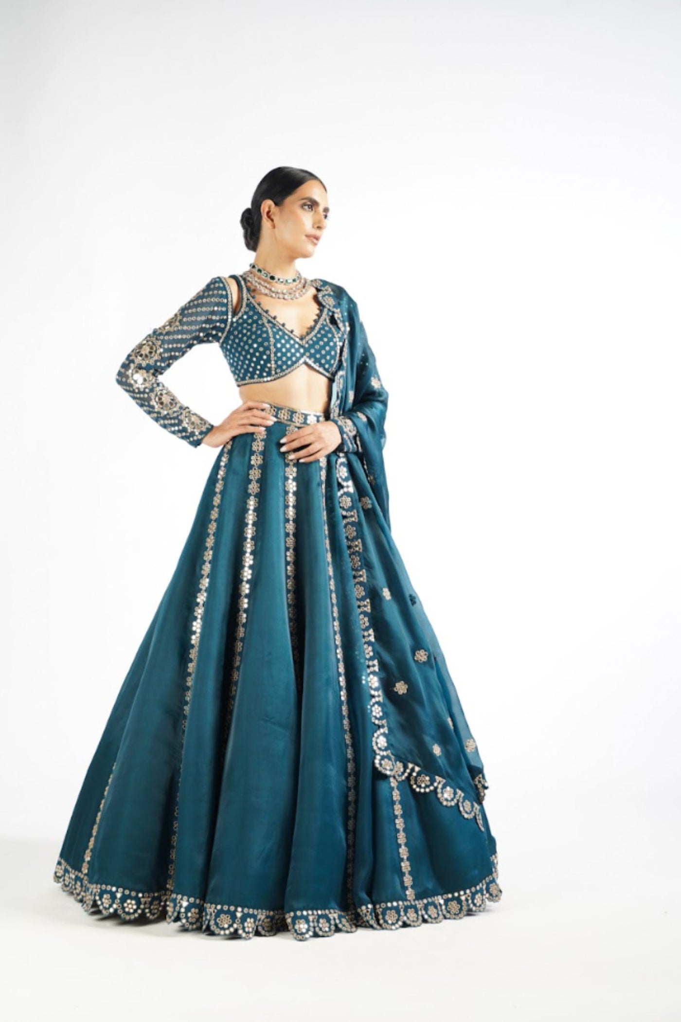 V Vani Vats Dark Teal Flower Linear Lehenga Set indian designer wear online shopping melange singapore