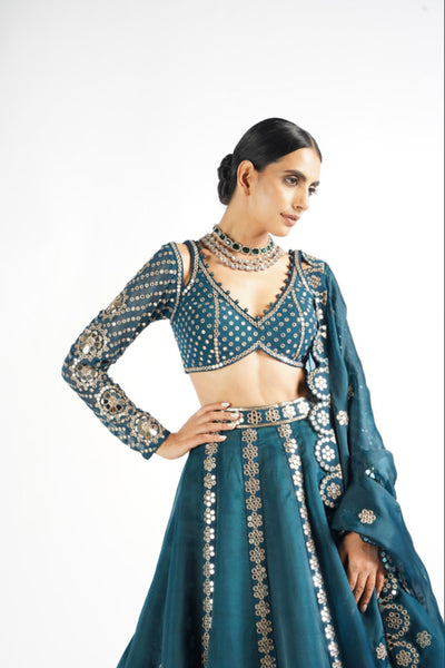 V Vani Vats Dark Teal Flower Linear Lehenga Set indian designer wear online shopping melange singapore