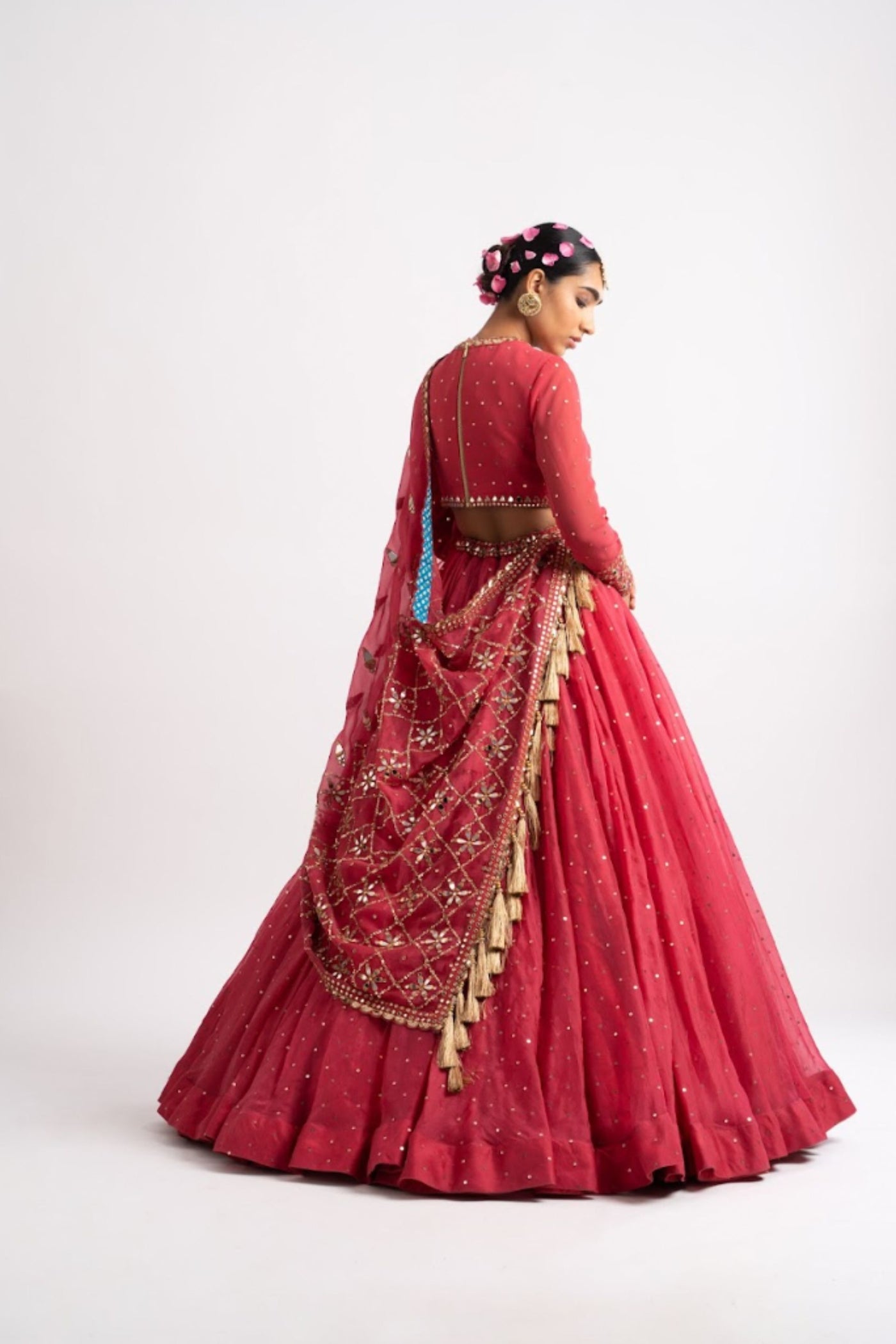 V Vani Vats Deep Coral Silk Organza Heavy Dupatta Lehenga Set indian designer wear online shopping melange singapore