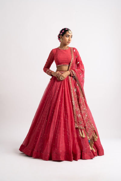 V Vani Vats Deep Coral Silk Organza Heavy Dupatta Lehenga Set indian designer wear online shopping melange singapore