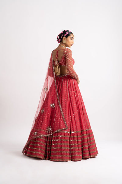 V Vani Vats Deep Coral Single Tier Lehenga Set indian designer wear online shopping melange singapore