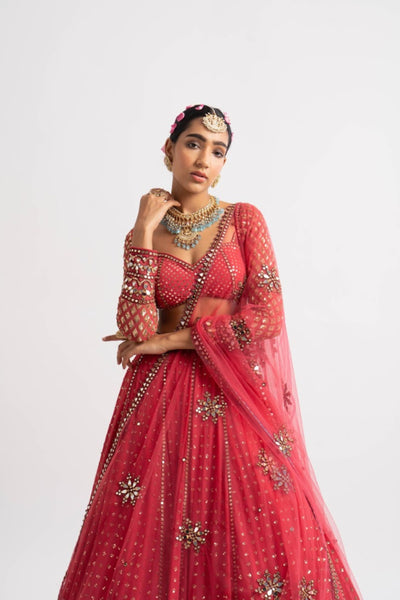 V Vani Vats Deep Coral Single Tier Lehenga Set indian designer wear online shopping melange singapore