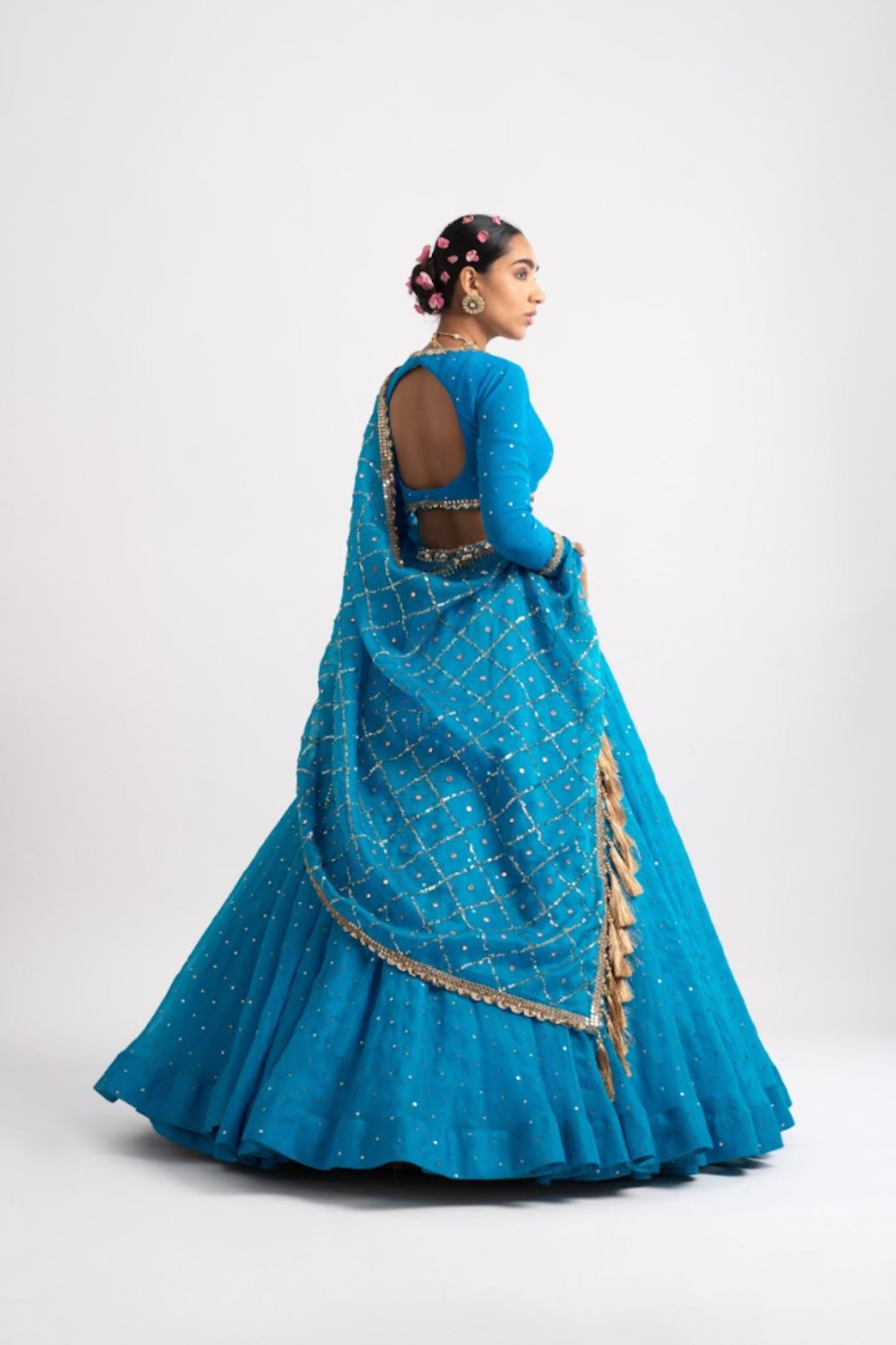 V Vani Vats Firozi Silk Organza Heavy Dupatta Lehenga Set indian designer wear online shopping melange singapore