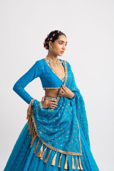 V Vani Vats Firozi Silk Organza Heavy Dupatta Lehenga Set indian designer wear online shopping melange singapore