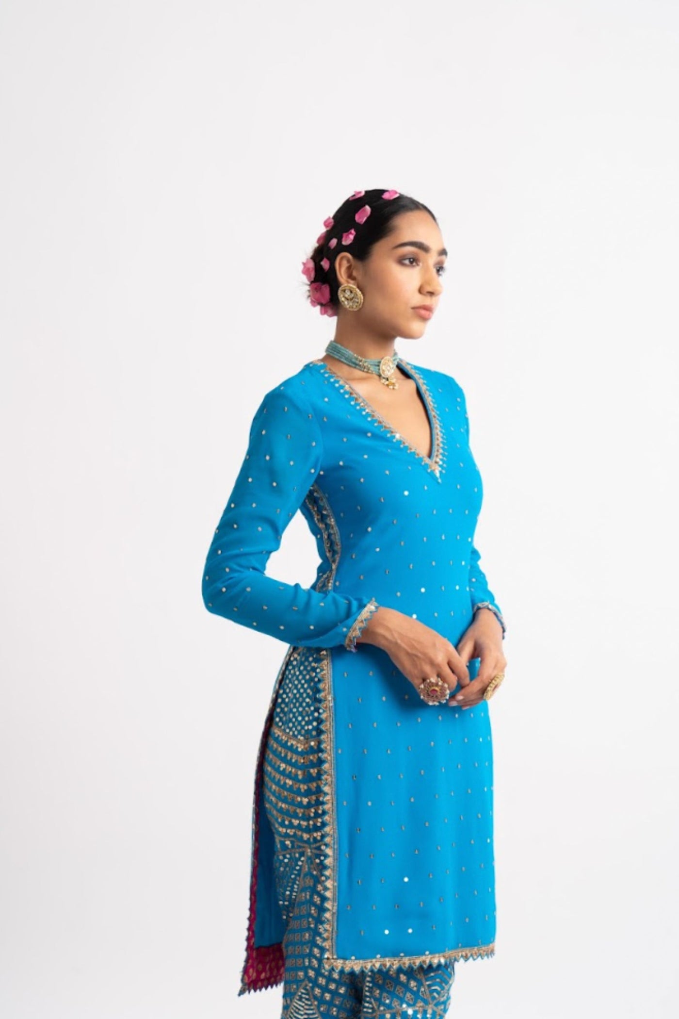 V Vani Vats Firozi V Neck Multi Geo Pant Kurta Set indian designer wear online shopping melange singapore