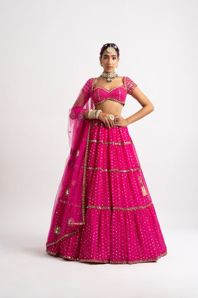 V Vani Vats Fuschia Multi Tier Lehenga Set indian designer wear online shopping melange singapore