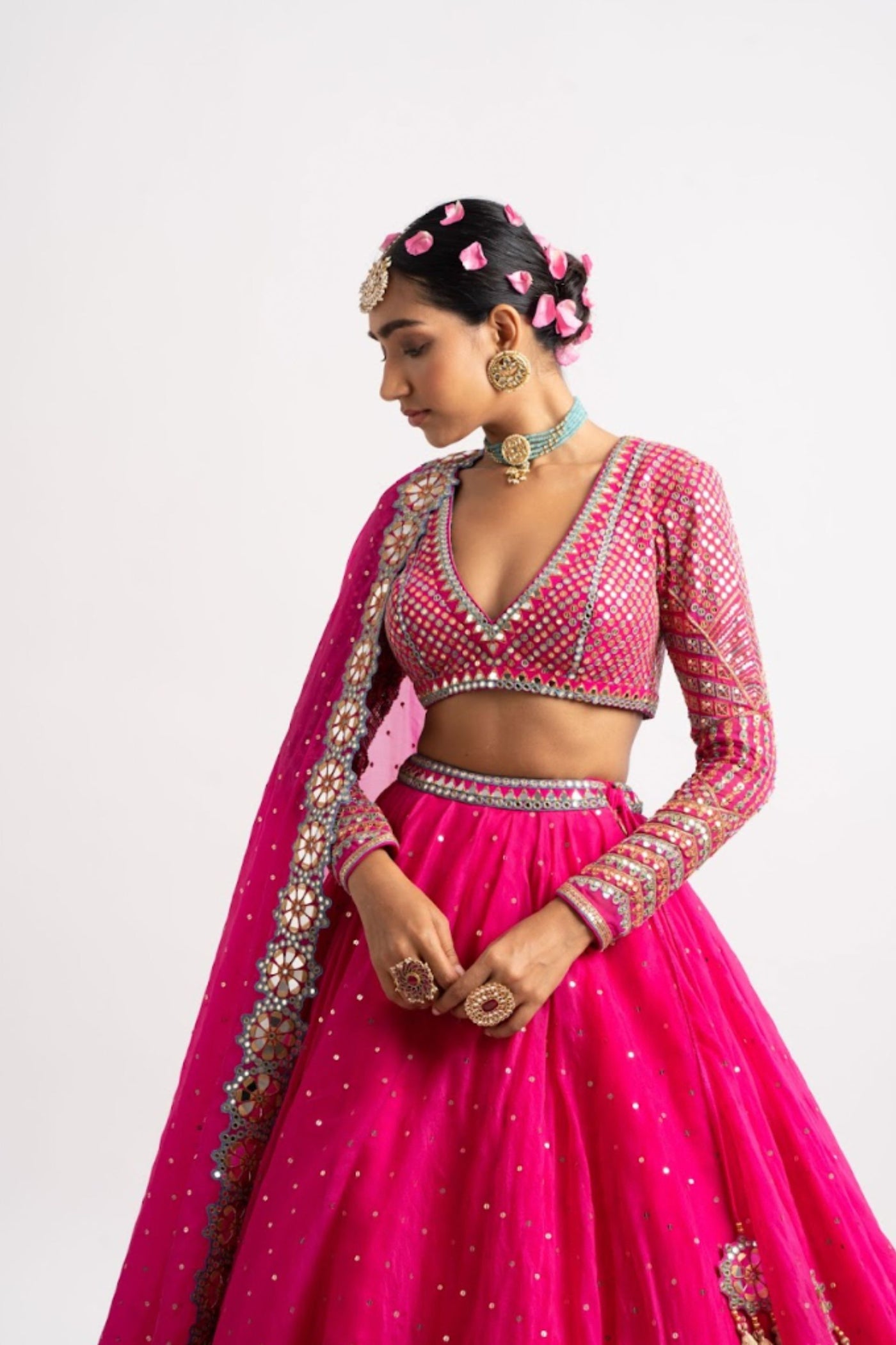 V Vani Vats Fuschia Silk Organza Lehenga Set indian designer wear online shopping melange singapore