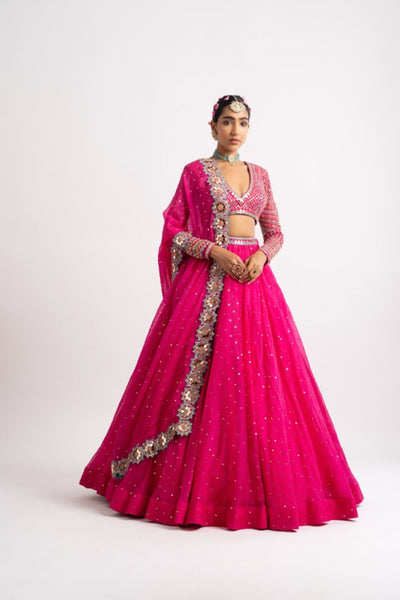 V Vani Vats Fuschia Silk Organza Lehenga Set indian designer wear online shopping melange singapore