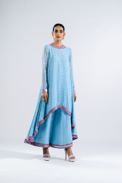 V Vani Vats Ice Blue Asymmetrical Kurta Set Indian designer wear online shopping melange singapore
