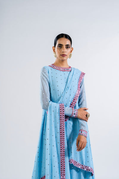 V Vani Vats Ice Blue Asymmetrical Kurta Set With Dupatta Indian designer wear online shopping melange singapore