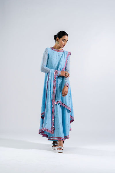 V Vani Vats Ice Blue Asymmetrical Kurta Set With Dupatta Indian designer wear online shopping melange singapore