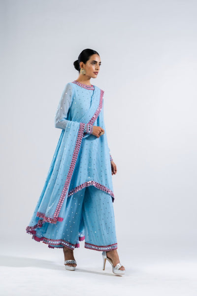 V Vani Vats Ice Blue Asymmetrical Kurta Set With Dupatta Indian designer wear online shopping melange singapore