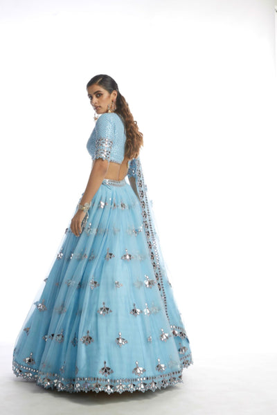 V Vani Vats Ice Blue Knife Pleated Mirror Lehenga Indian designer wear online shopping melange singapore