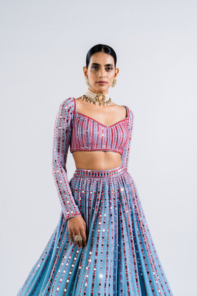 V Vani Vats Ice Blue Linear Drop Lehenga Set Indian designer wear online shopping melange singapore