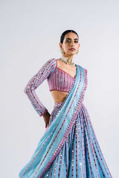 V Vani Vats Ice Blue Linear Drop Lehenga Set Indian designer wear online shopping melange singapore