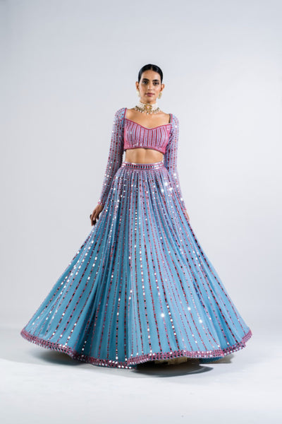 V Vani Vats Ice Blue Linear Drop Lehenga Set Indian designer wear online shopping melange singapore