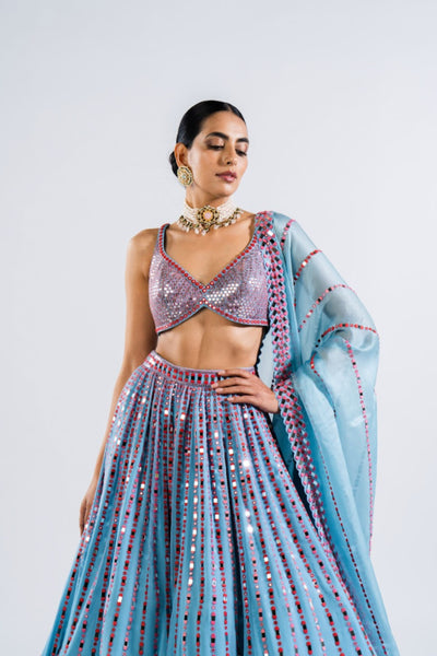 V Vani Vats Ice Blue Linear Drop Lehenga With Metallic Blouse Indian designer wear online shopping melange singapore