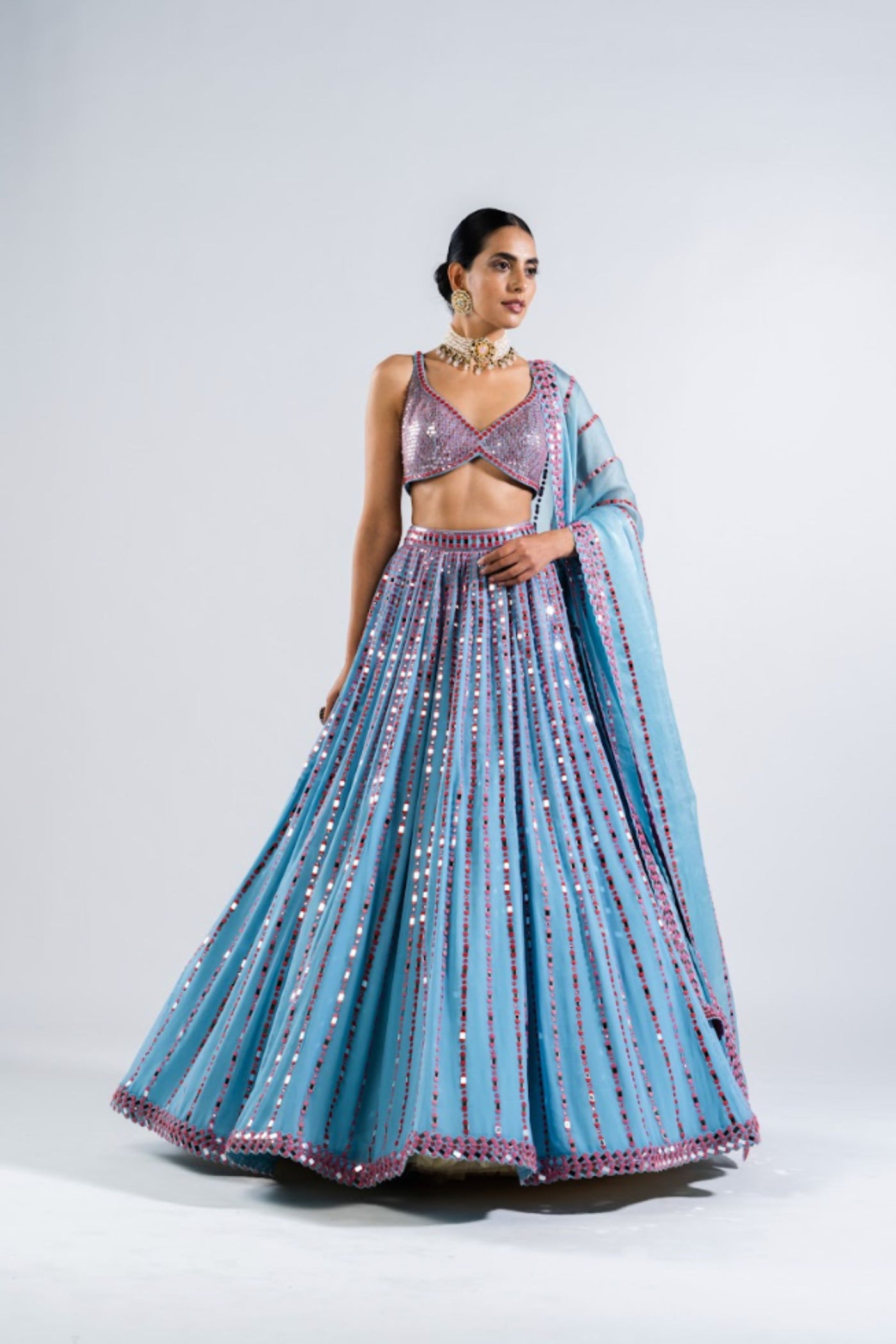 V Vani Vats Ice Blue Linear Drop Lehenga With Metallic Blouse Indian designer wear online shopping melange singapore