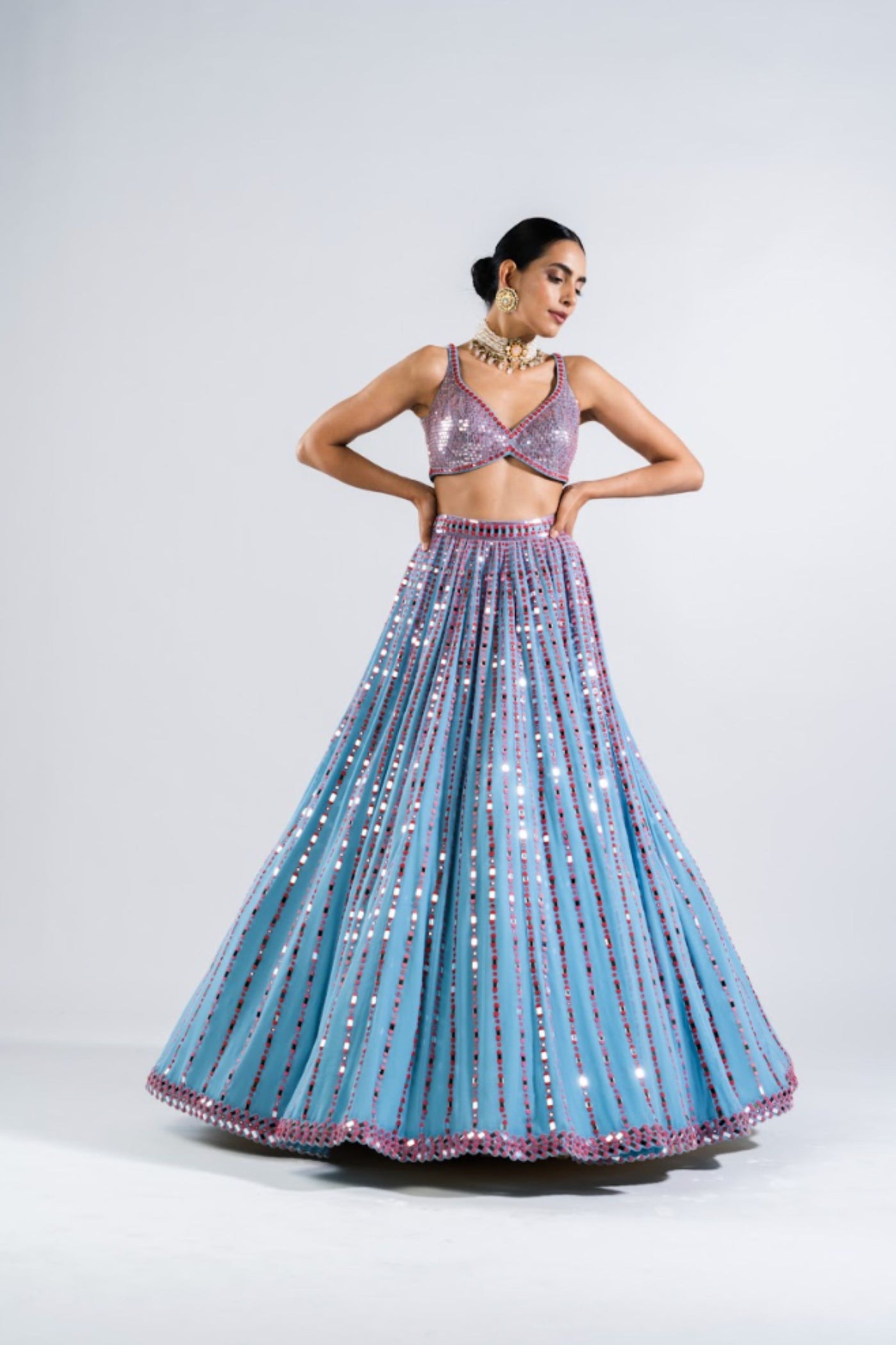 V Vani Vats Ice Blue Linear Drop Lehenga With Metallic Blouse Indian designer wear online shopping melange singapore