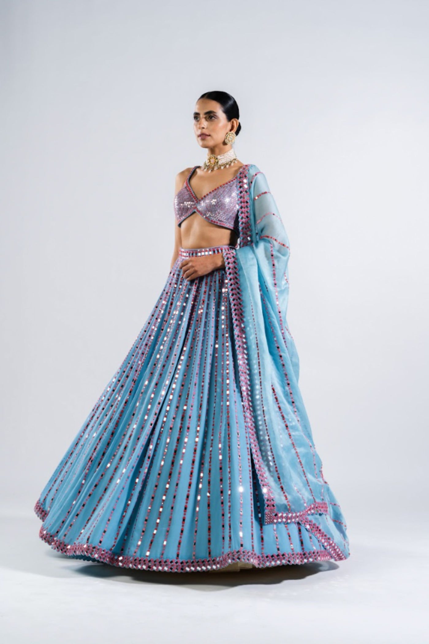 V Vani Vats Ice Blue Linear Drop Lehenga With Metallic Blouse Indian designer wear online shopping melange singapore