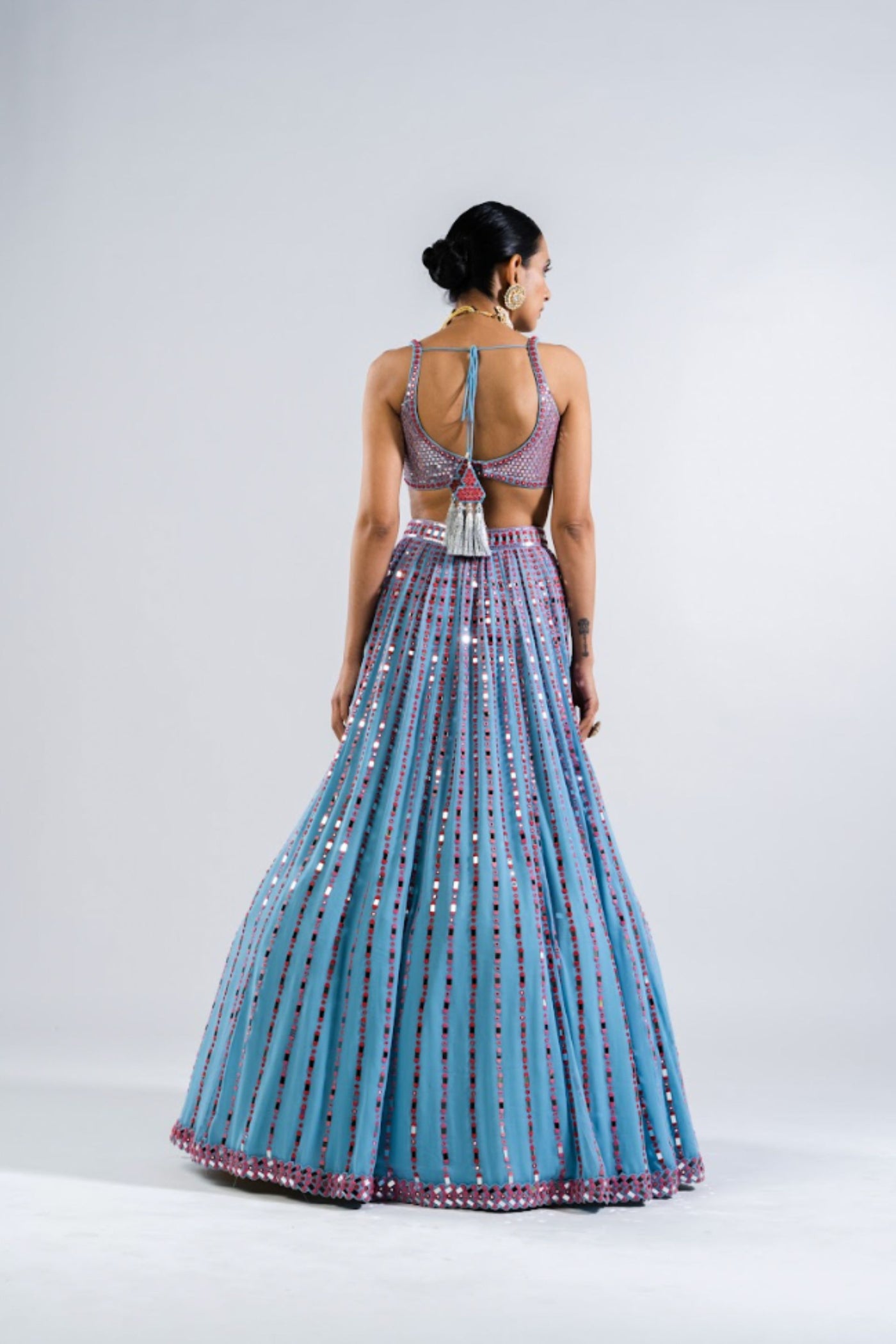 V Vani Vats Ice Blue Linear Drop Lehenga With Metallic Blouse Indian designer wear online shopping melange singapore
