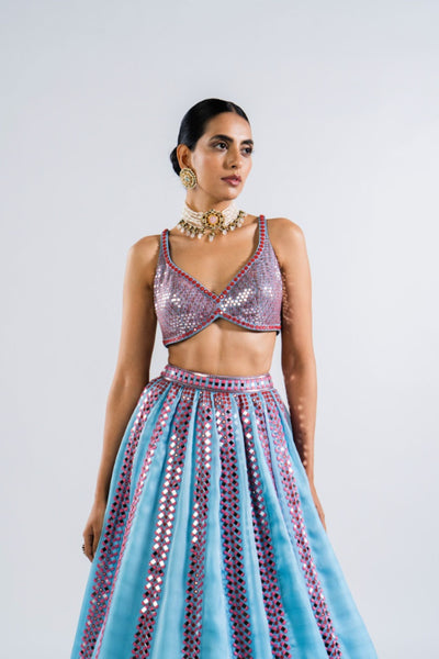 V Vani Vats Ice Blue Mirror Seam Lehenga Set Indian designer wear online shopping melange singapore