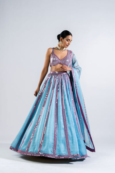 V Vani Vats Ice Blue Mirror Seam Lehenga Set Indian designer wear online shopping melange singapore