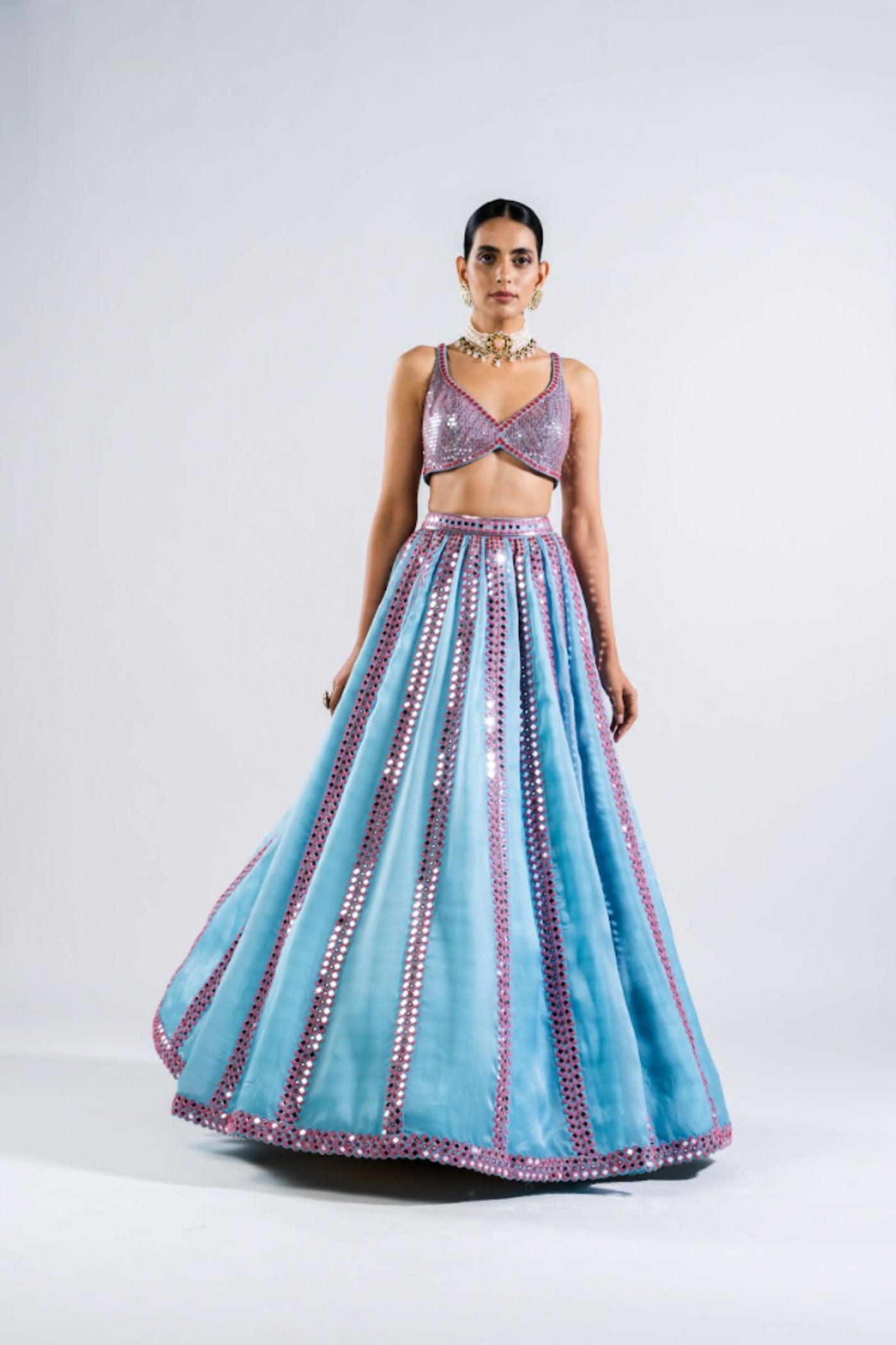 V Vani Vats Ice Blue Mirror Seam Lehenga Set Indian designer wear online shopping melange singapore