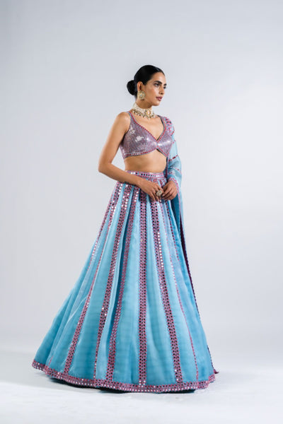 V Vani Vats Ice Blue Mirror Seam Lehenga Set Indian designer wear online shopping melange singapore