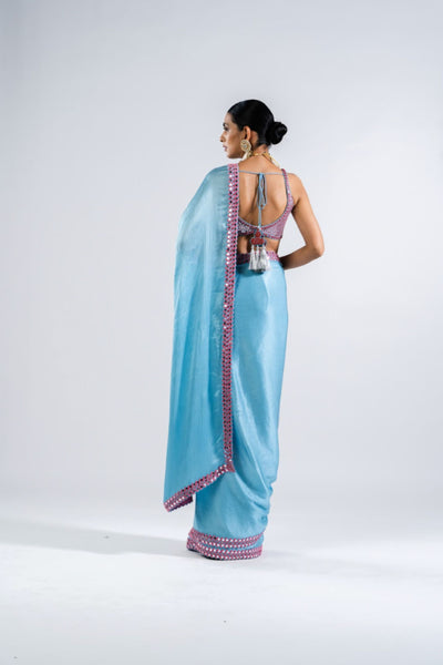 V Vani Vats Ice Blue Satin Chiffon Saree Set Indian designer wear online shopping melange singapore