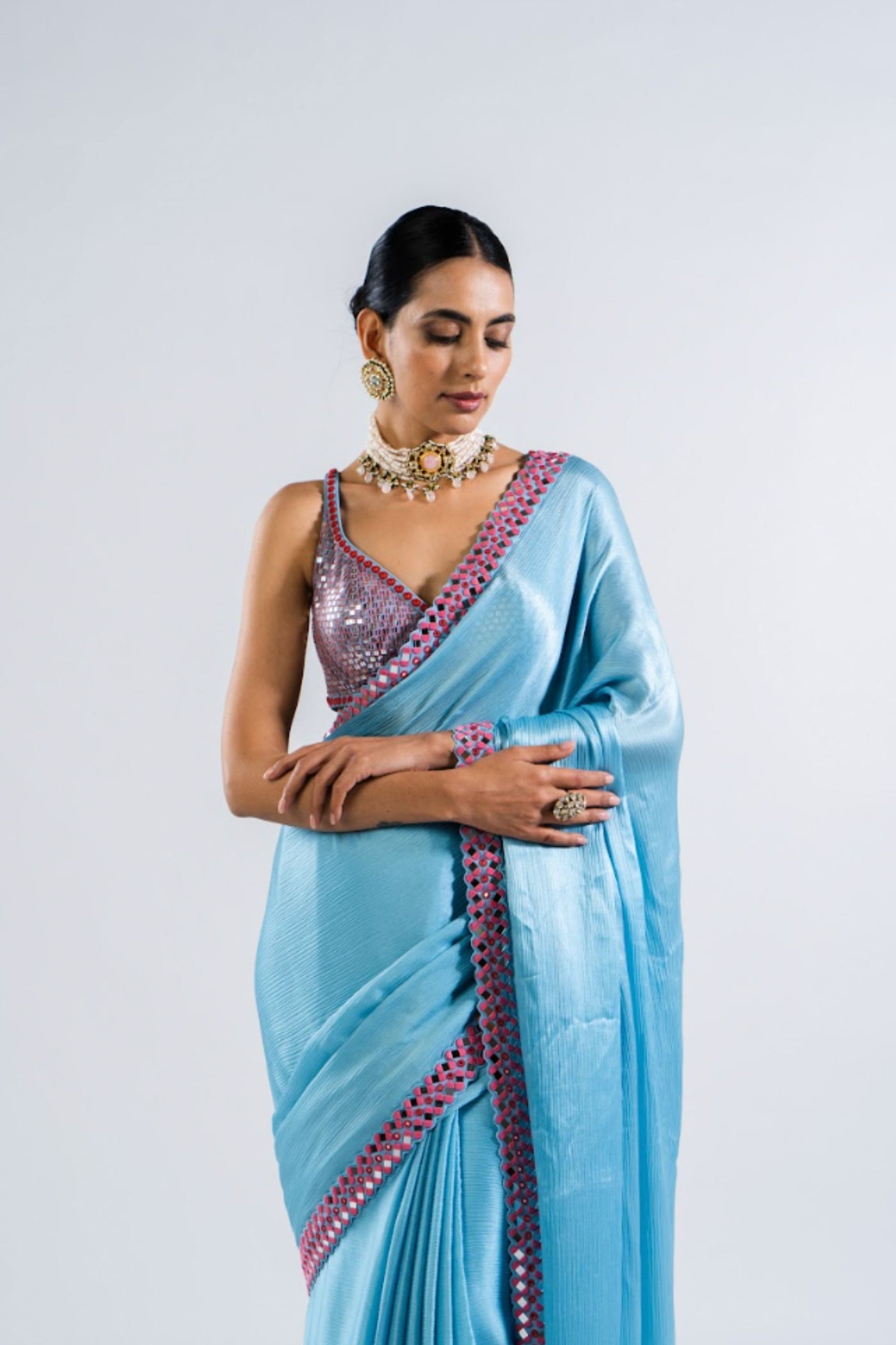 V Vani Vats Ice Blue Satin Chiffon Saree Set Indian designer wear online shopping melange singapore