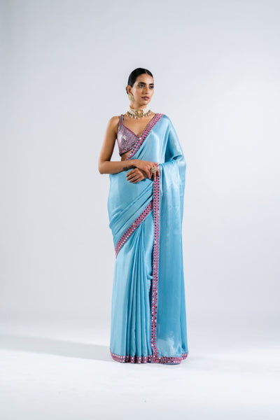 V Vani Vats Ice Blue Satin Chiffon Saree Set Indian designer wear online shopping melange singapore