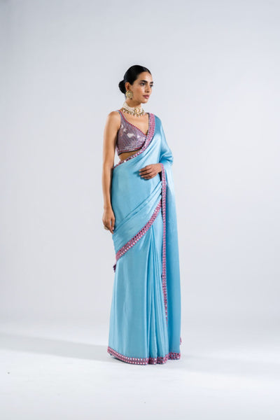 V Vani Vats Ice Blue Satin Chiffon Saree Set Indian designer wear online shopping melange singapore