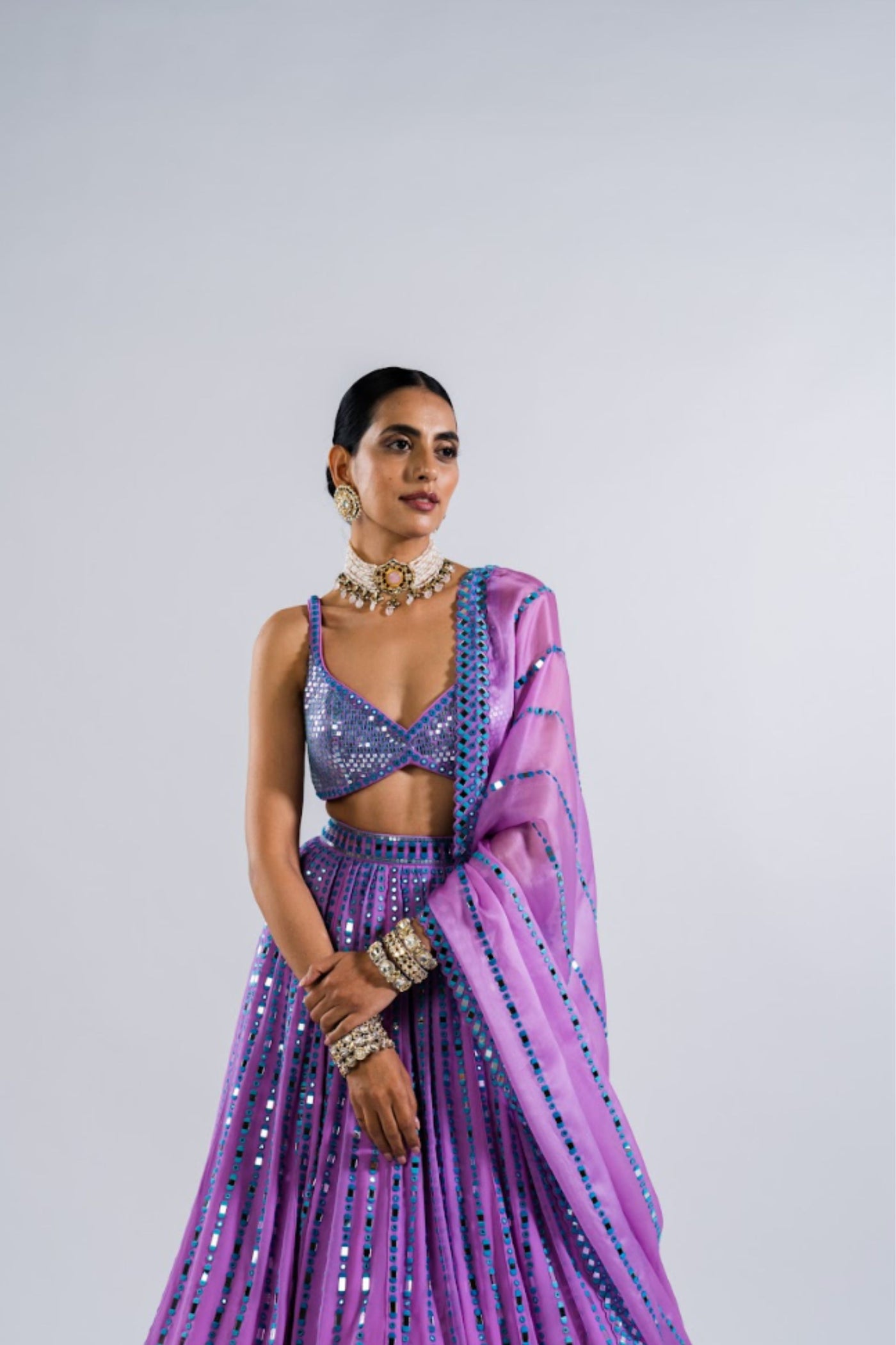 V Vani Vats Mauve Linear Drop Lehenga With Metallic Blouse Indian designer wear online shopping melange singapore