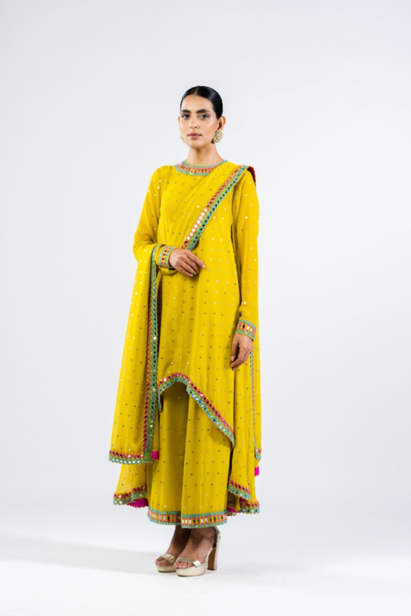 V Vani Vats Moss Green Asymmetrical Kurta Set With Dupatta Indian designer wear online shopping melange singapore