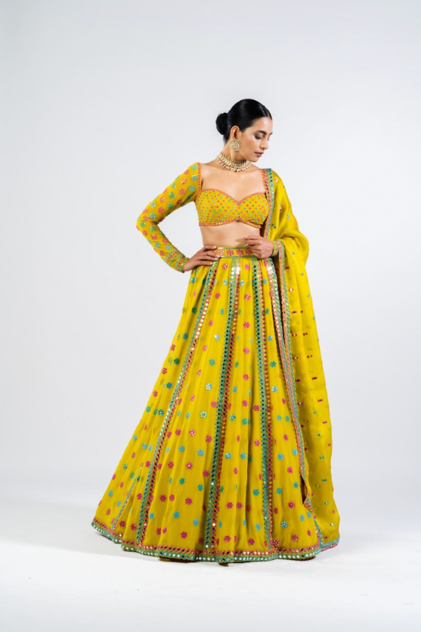 V Vani Vats Moss Green Flower Lehenga Set Indian designer wear online shopping melange singapore