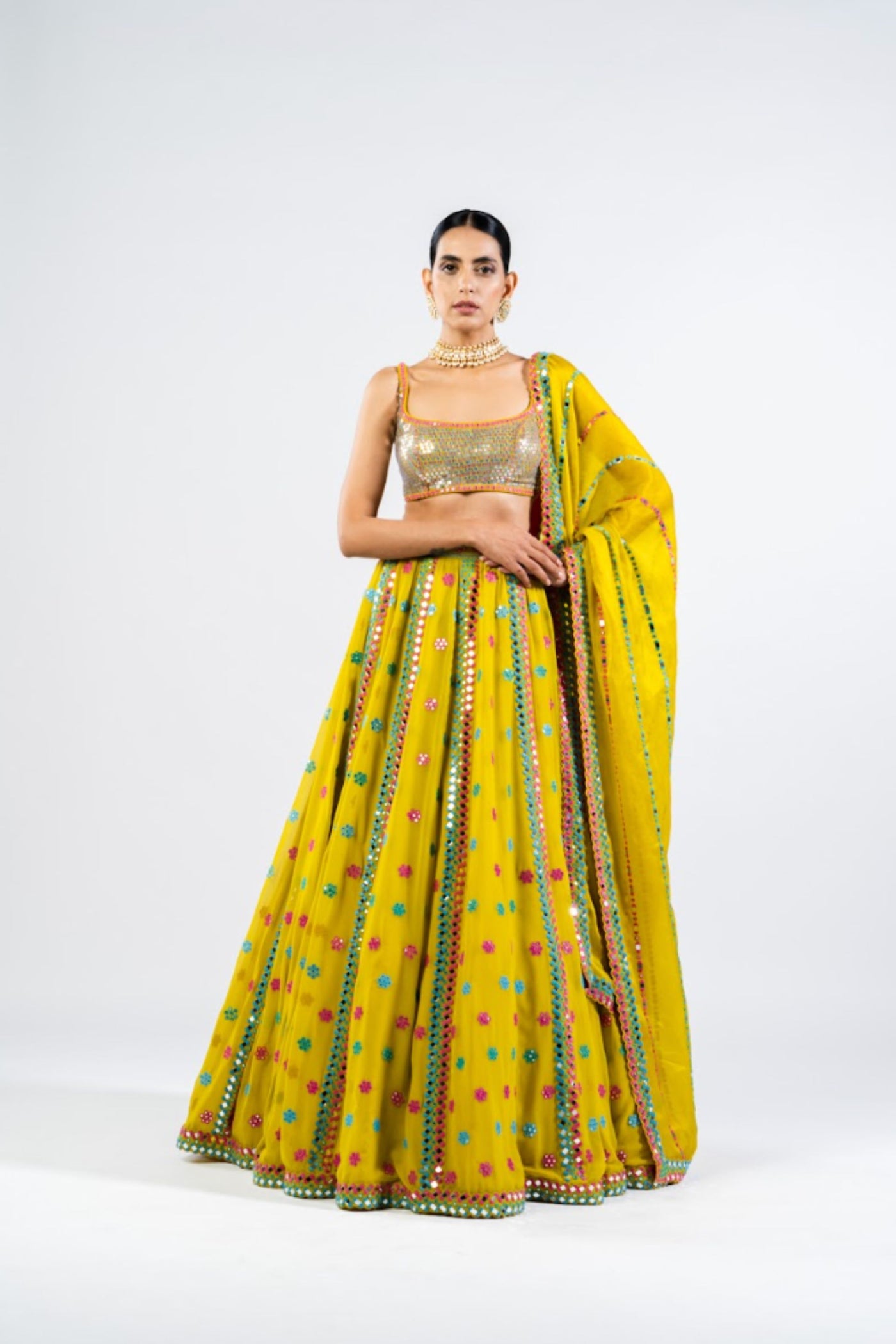 V Vani Vats Moss Green Flower Lehenga Set With Metallic Blouse Indian designer wear online shopping melange singapore