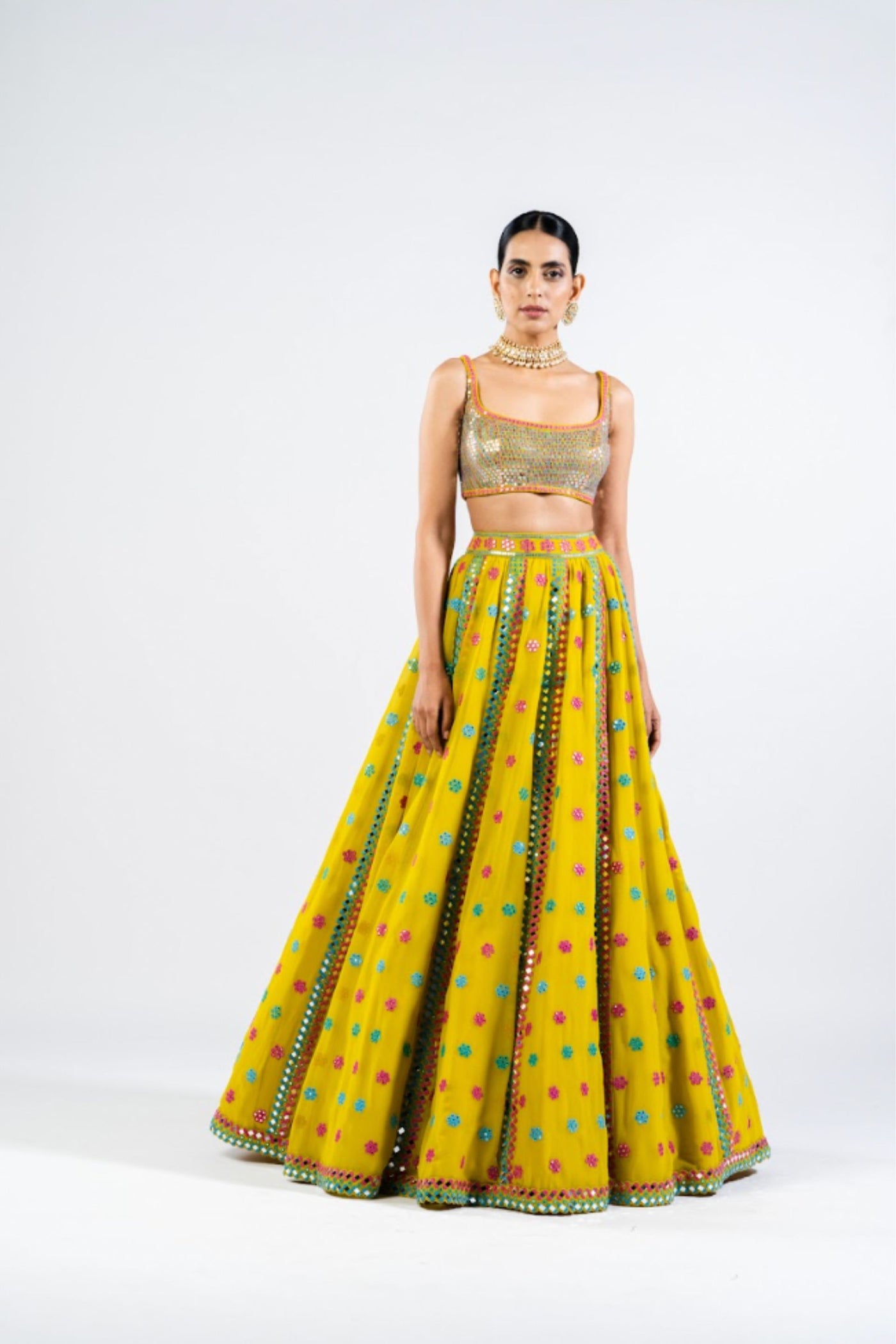 V Vani Vats Moss Green Flower Lehenga Set With Metallic Blouse Indian designer wear online shopping melange singapore