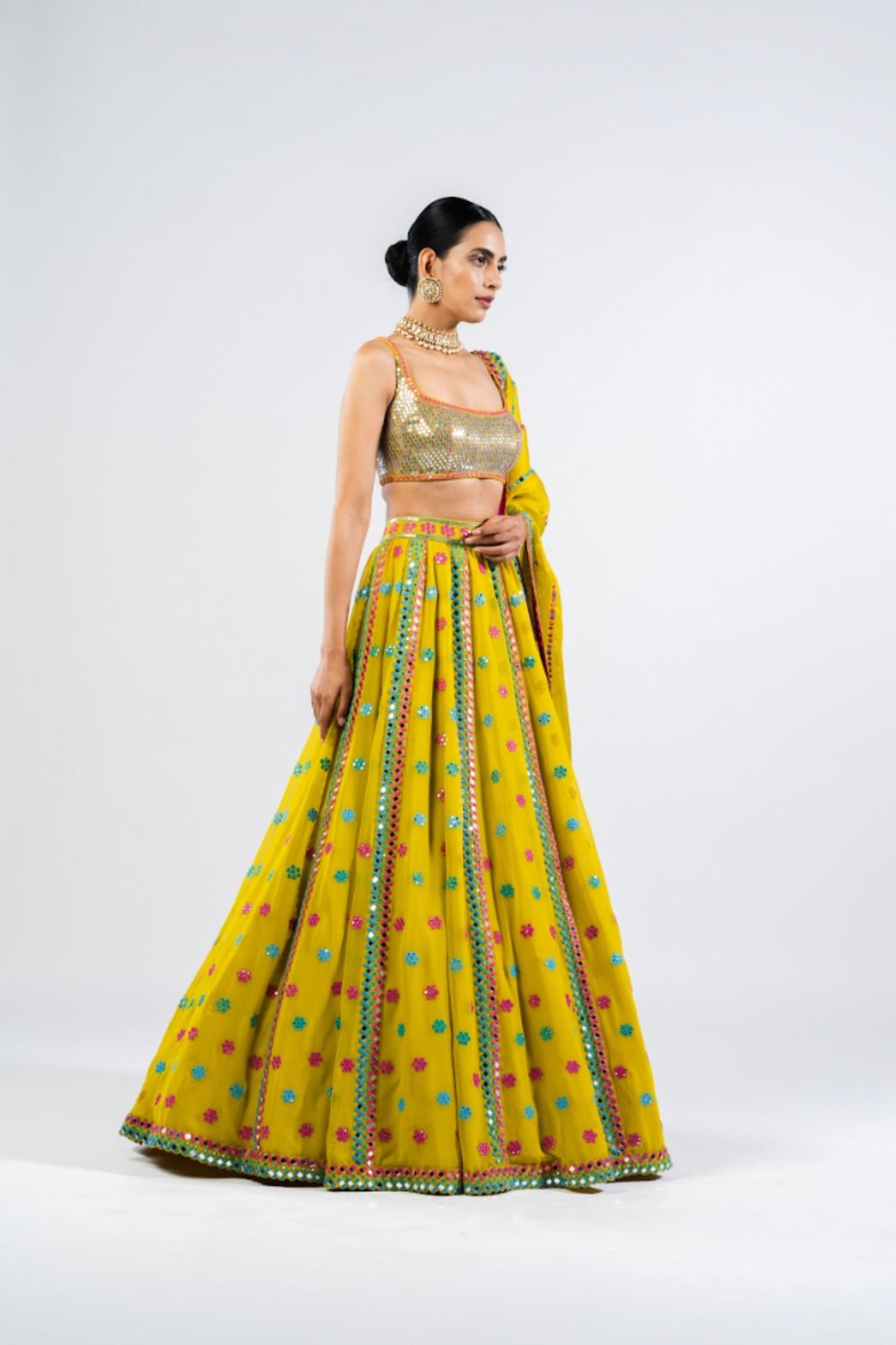 V Vani Vats Moss Green Flower Lehenga Set With Metallic Blouse Indian designer wear online shopping melange singapore