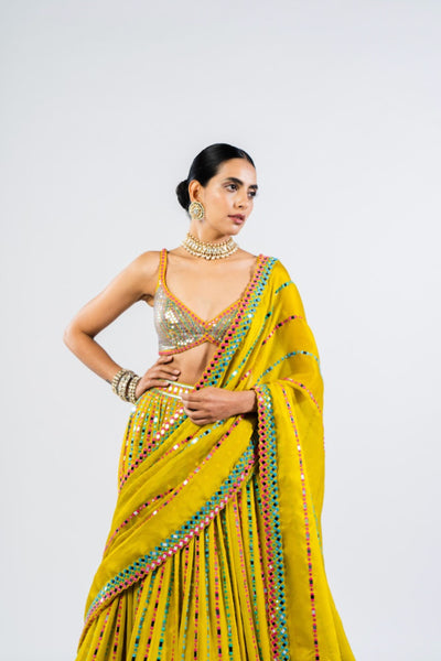 V Vani Vats Moss Green Linear Drop Lehenga With Metallic Blouse Indian designer wear online shopping melange singapore