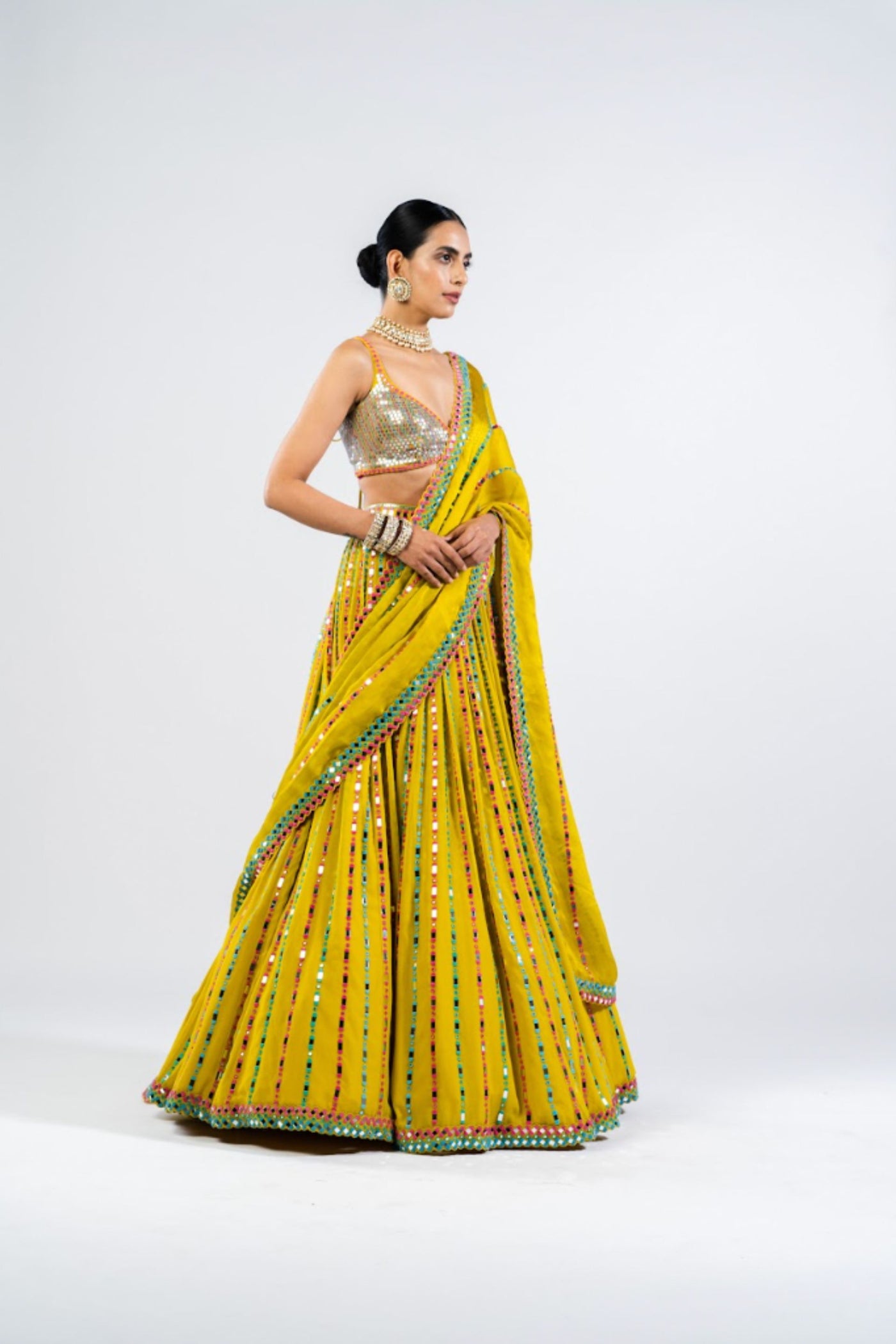 V Vani Vats Moss Green Linear Drop Lehenga With Metallic Blouse Indian designer wear online shopping melange singapore