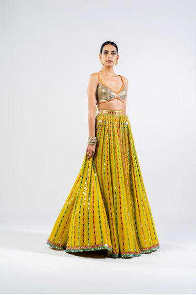 V Vani Vats Moss Green Linear Drop Lehenga With Metallic Blouse Indian designer wear online shopping melange singapore