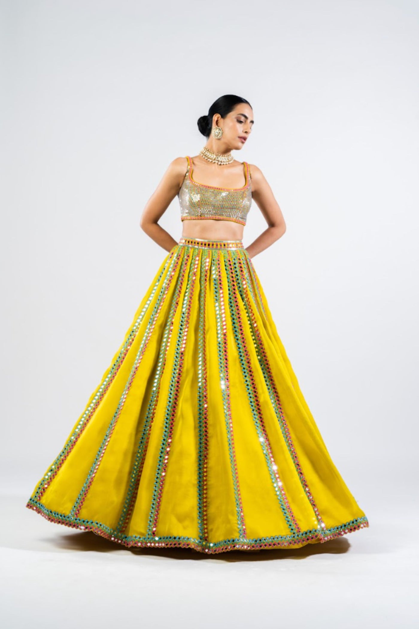 V Vani Vats Moss Green Mirror Seam Lehenga Set With Metallic Blouse Indian designer wear online shopping melange singapore